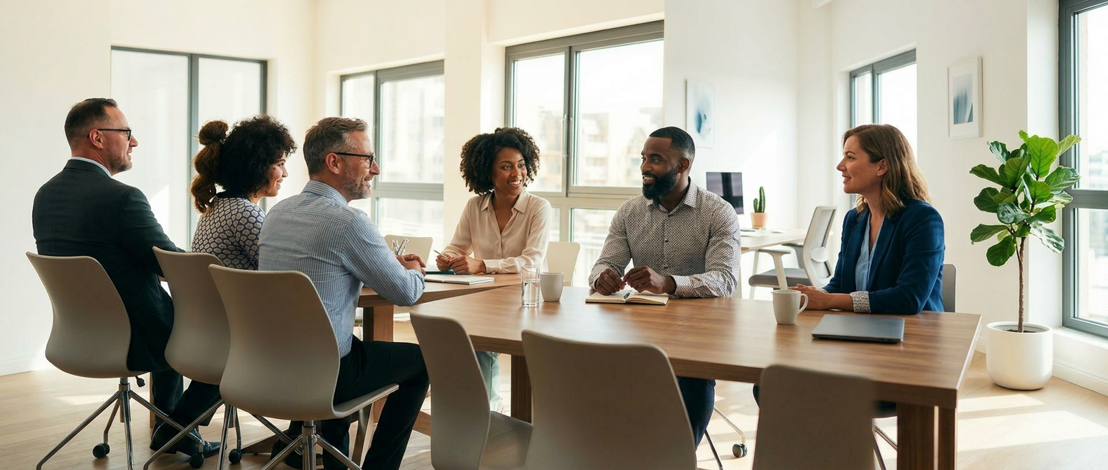 Executives in conversation around a meeting table