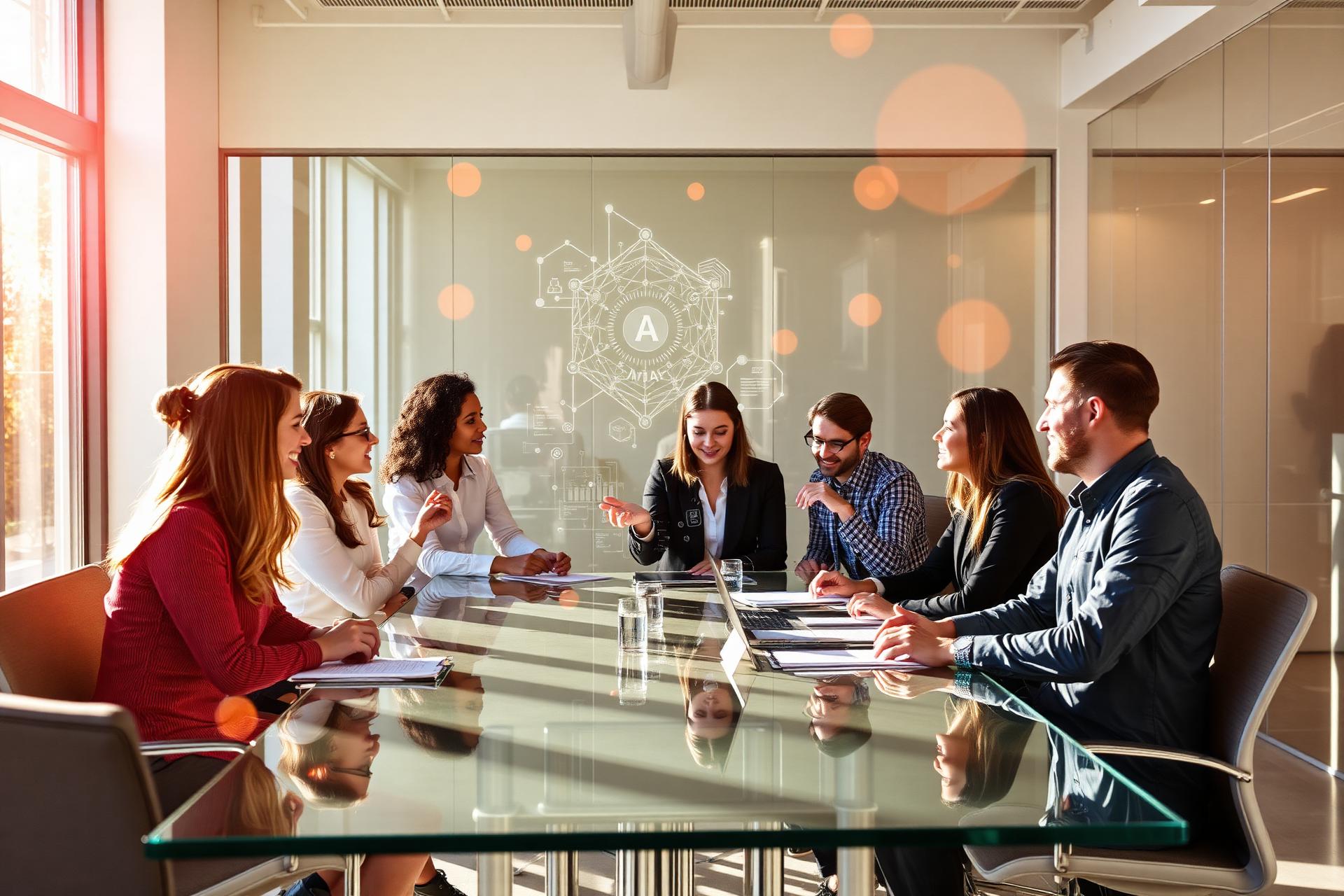 A diverse group of professionals collaborating around a sunlit glass conference table with subtle holographic AI data visualizations floating above