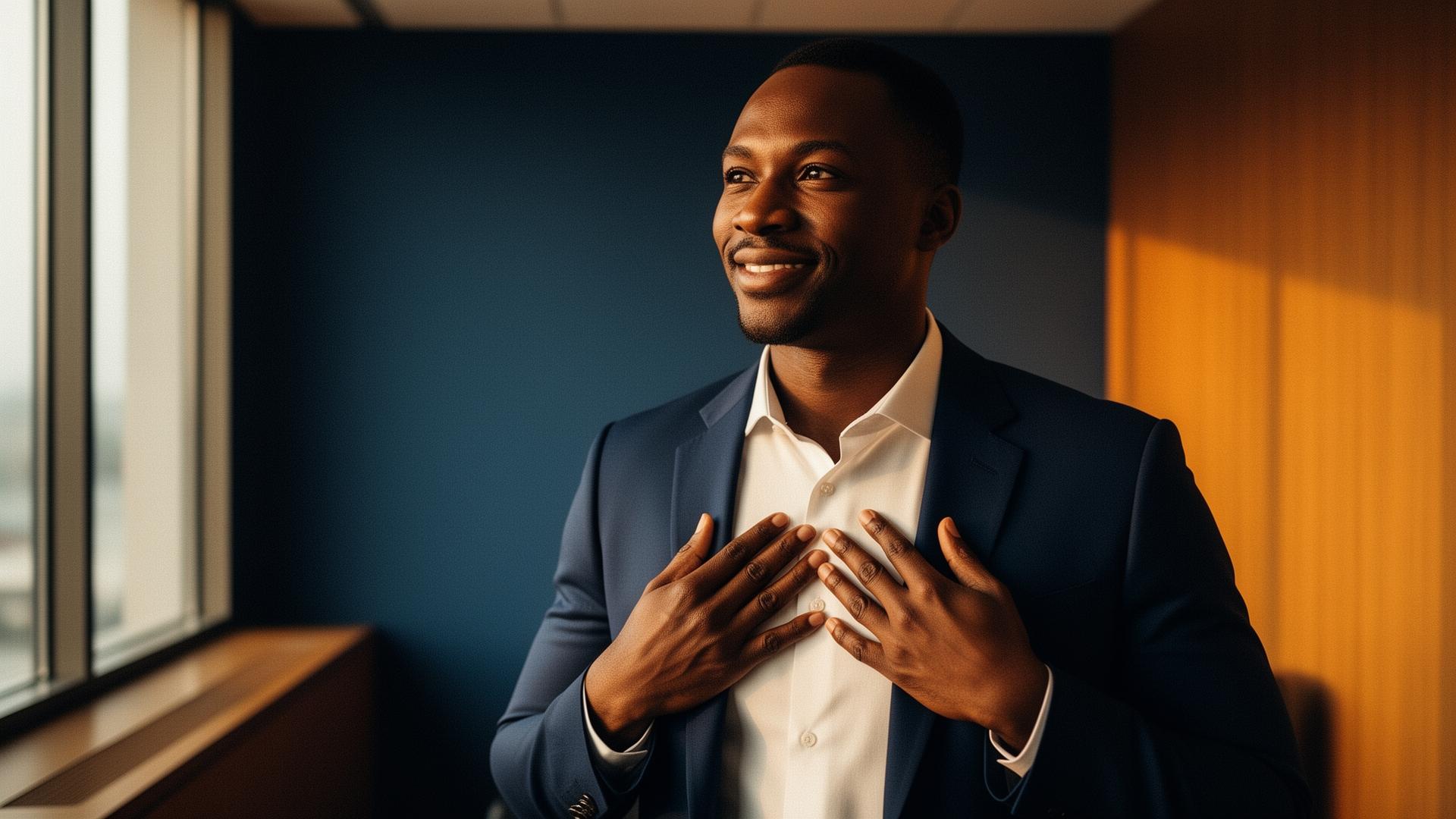 A businessman with both hands placed gently on his chest, smiling softly
