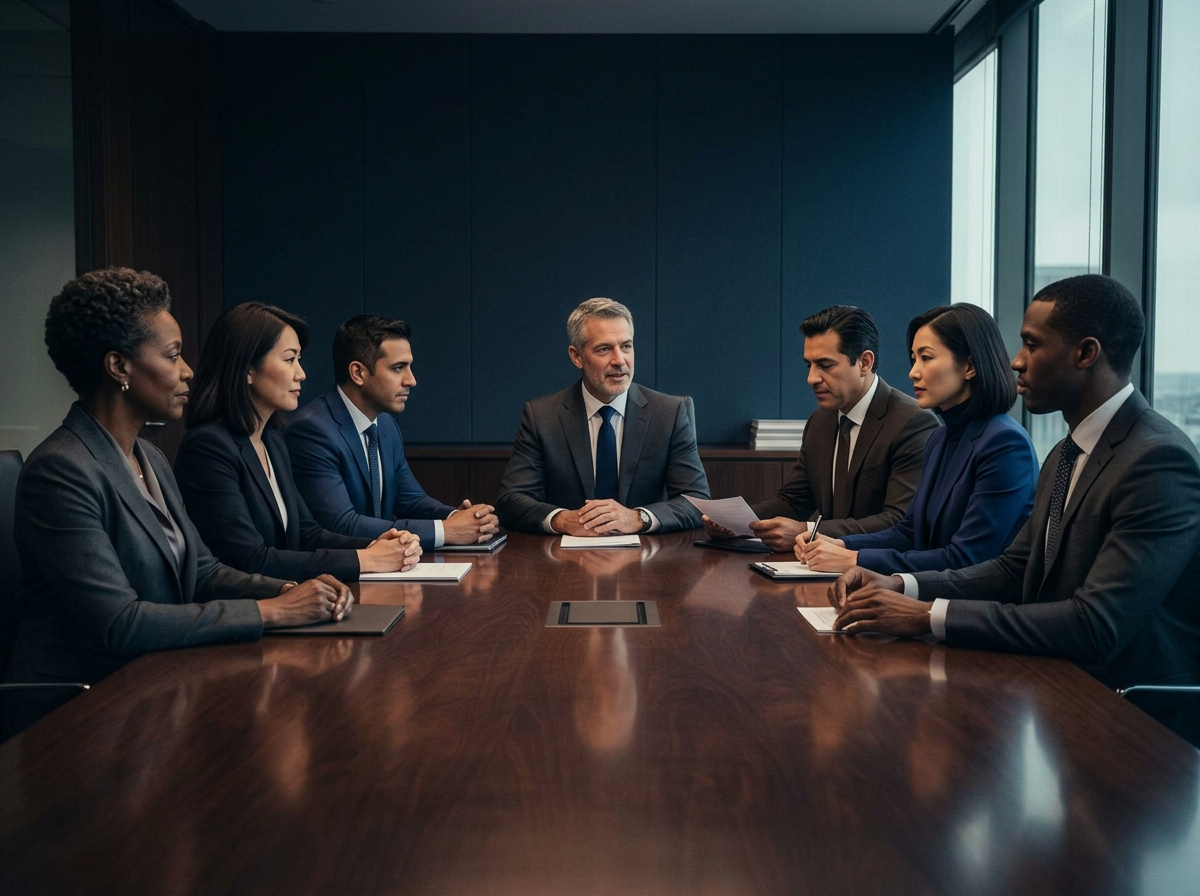A diverse group of senior executives in formal business attire seated around a polished boardroom table