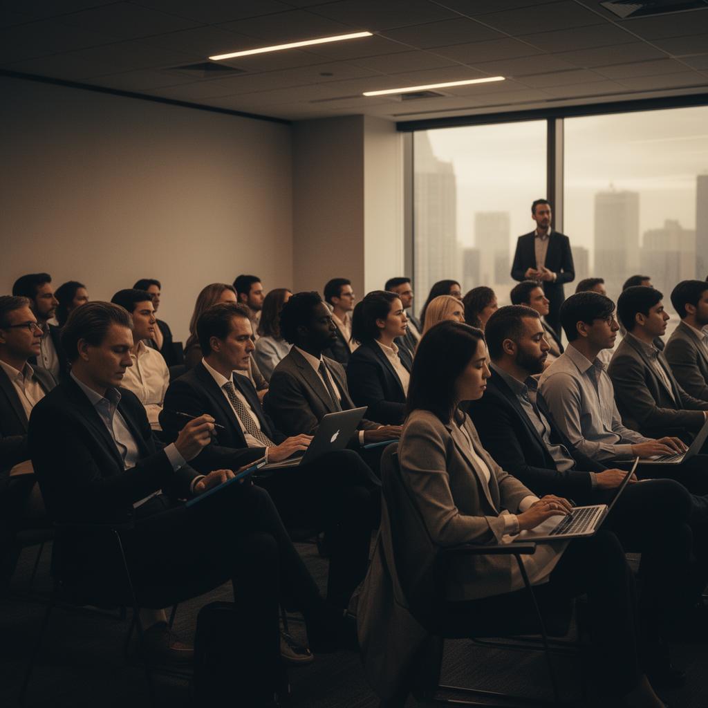 A diverse group of employees attending a corporate training session, taking notes on laptops