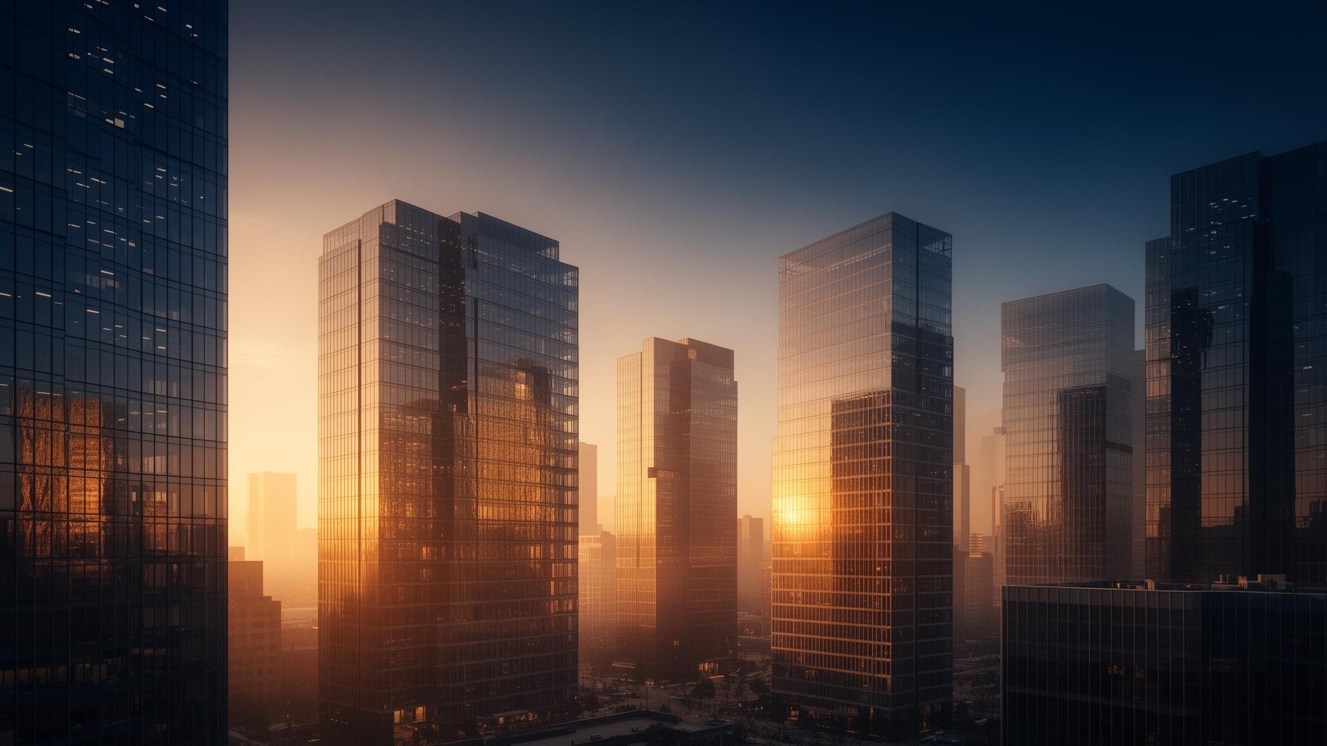 Modern glass office towers at golden hour, reflecting a warm amber sunrise across a corporate skyline